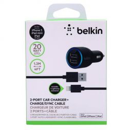 Автомобильное зарядное USB устройство Belkin (2 порта, 2.1А, кабель iPhone/iPad)